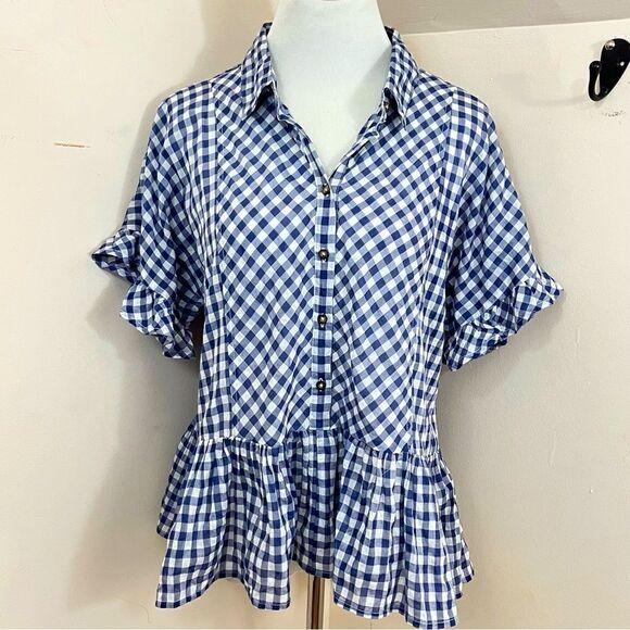 dylan Tops - Dylan Gia Ruffles Blue and White Gingham Plaid XS